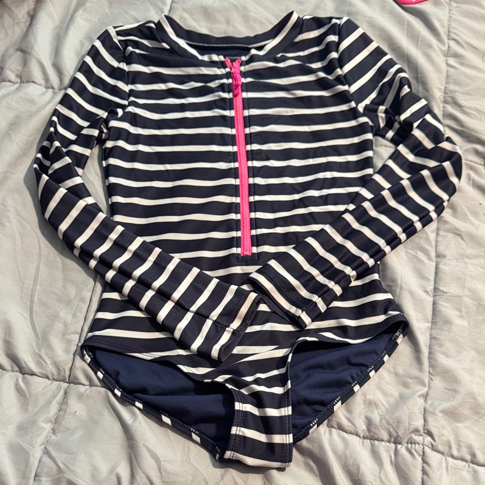 GAP Navy and White Striped Kids Rashguard with Pink Zipper